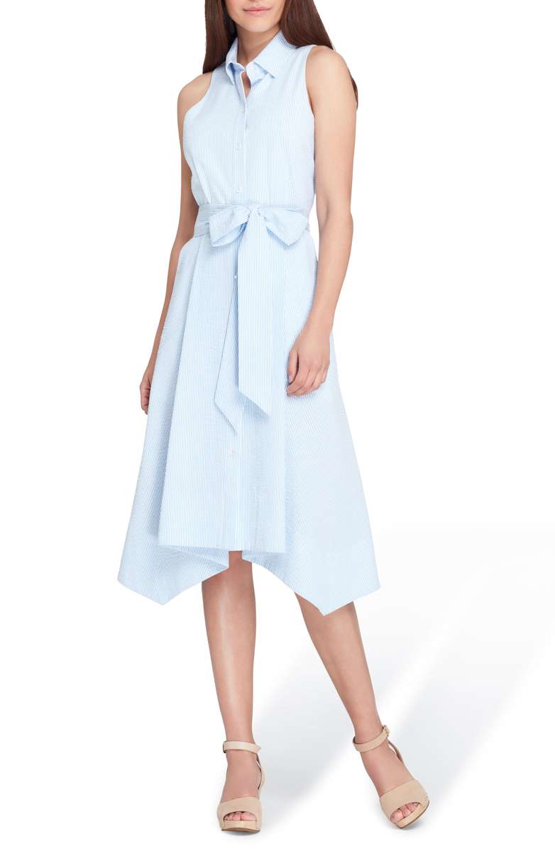 TAHARI Sleeveless Stripe Seersucker Shirtdress Blue White dresses summer 2018