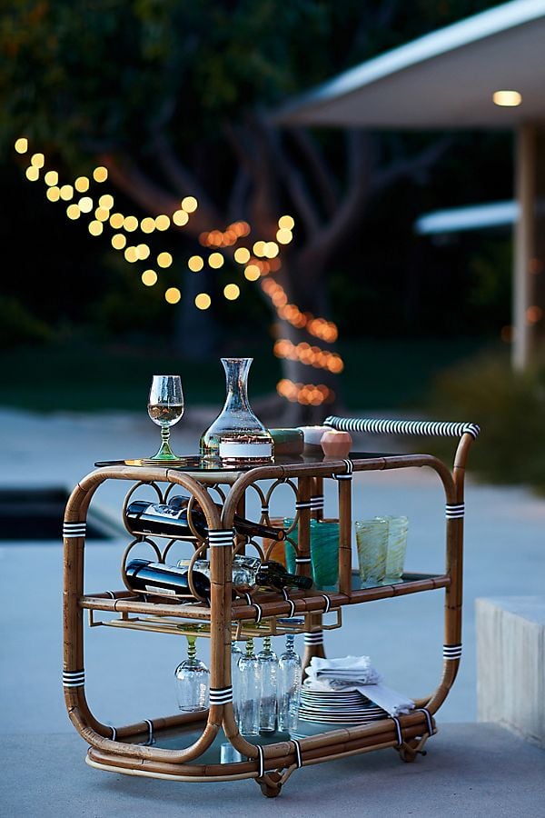 Wrapped Rattan Indoor/Outdoor Bar Cart Rattan Blue White Natural outdoor bar carts summer entertaining