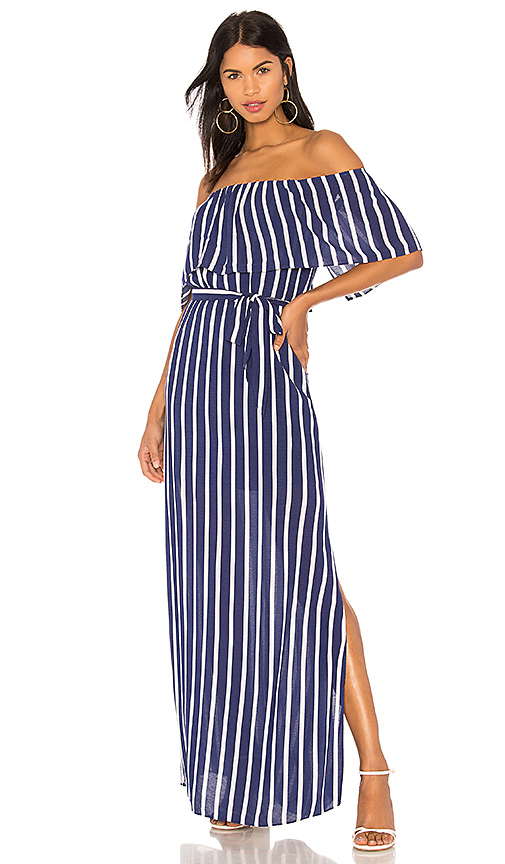 Alice + Olivia GRAZI OFF THE SHOULDER MAXI DRESS Oasis Stripe Blue White casual maxi dresses summer 2018