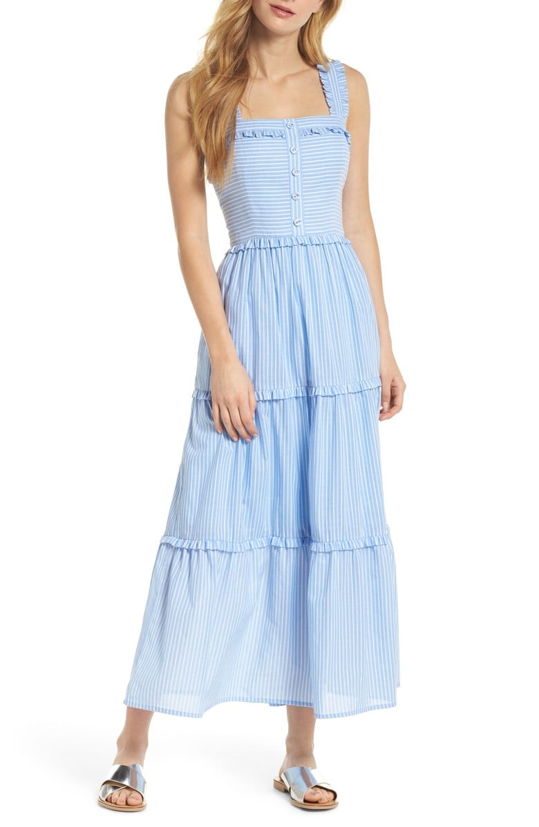 GAL MEETS GLAM COLLECTION Courtney Rio Stripe Lawn Maxi Dress Blue White casual maxi dresses summer 2018