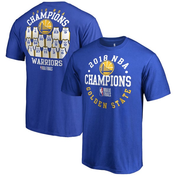 Golden State Warriors Fanatics Branded 2018 NBA Finals Champions Elevate the Game Jersey Roster T-Shirt – Royal golden state warriors 2018 nba champions locker room