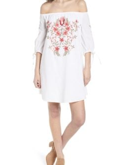HINGE Embroidered Off the Shoulder Dress White Combo casual embroidered dresses summer fall