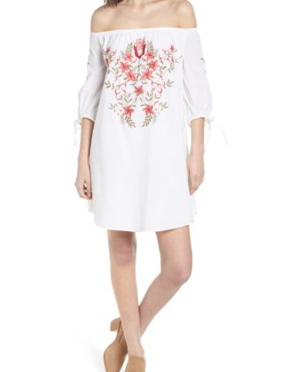 HINGE Embroidered Off the Shoulder Dress White Combo casual embroidered dresses summer fall