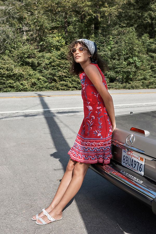 Lila Embroidered Shift Dress Red embroidered dresses summer wedding guests