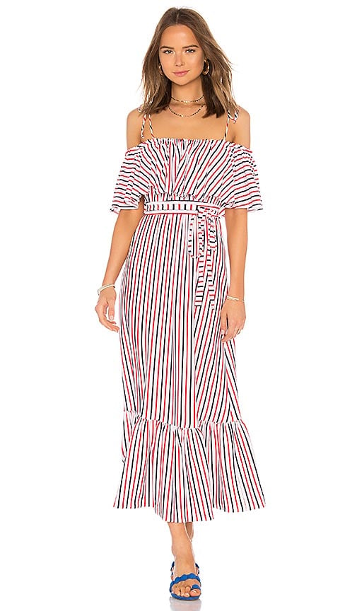 MDS Stripes REBECCA RUFFLE DRESS Navy Coral Stripe off the shoulder cold shoulder casual maxi dresses summer 2018
