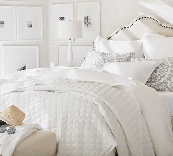 Pottery Barn Belgian Flax Linen Diamond Quilt & Shams White neutral bedding