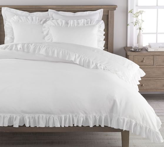 Pottery Barn Belgian Flax Linen Fringe Ruffle Duvet Cover & Shams - White neutral bedding