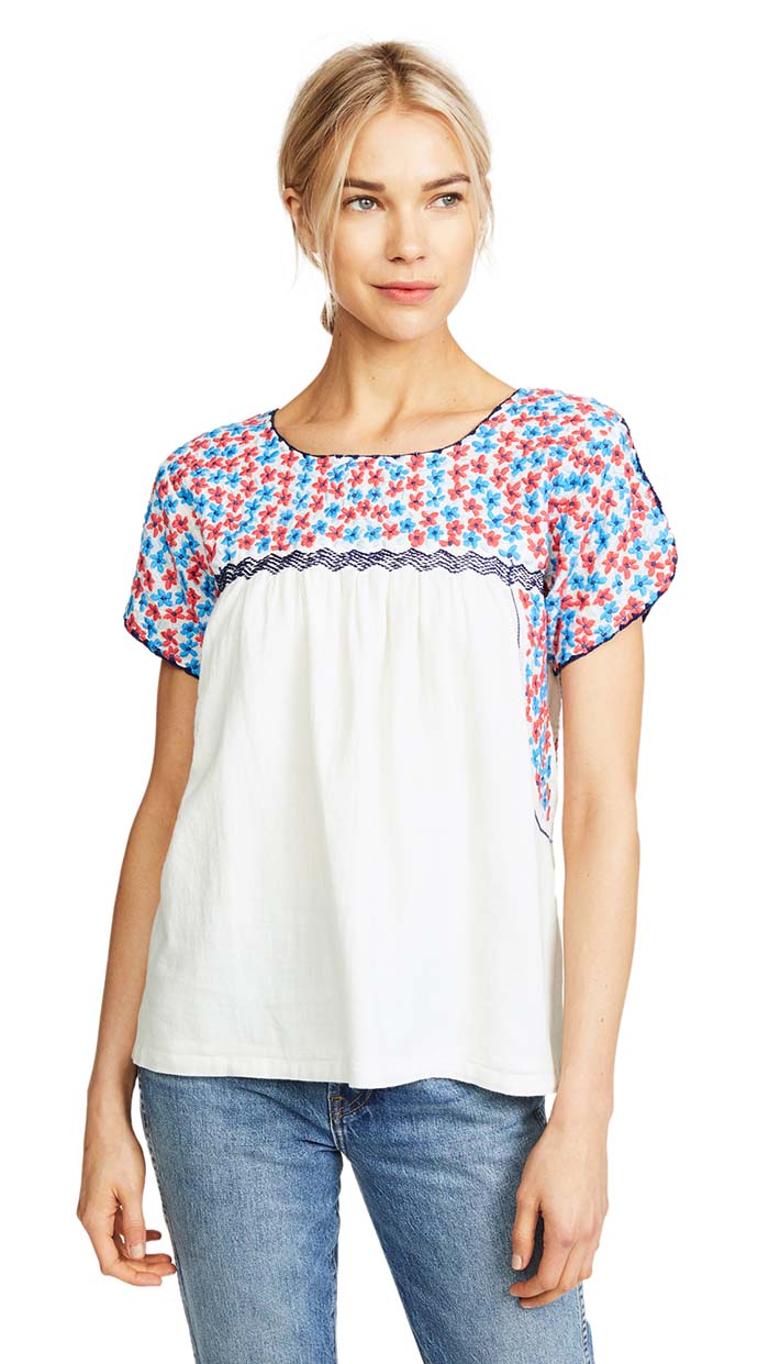 Roller Rabbit Estee Embroidered Top Cream Red Blue 4th of july independence day tops shirts women