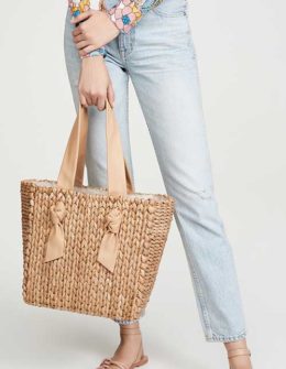 PAMELA MUNSON Petite Isla Bahia Lady Bag Natural Light Brown Cornhusk straw tote bags women leather shoulder straps