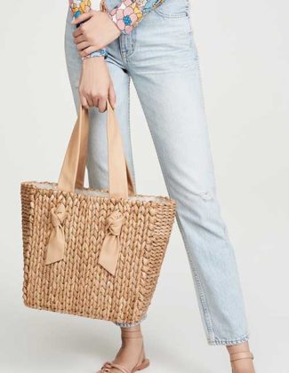 PAMELA MUNSON Petite Isla Bahia Lady Bag Natural Light Brown Cornhusk straw tote bags women leather shoulder straps