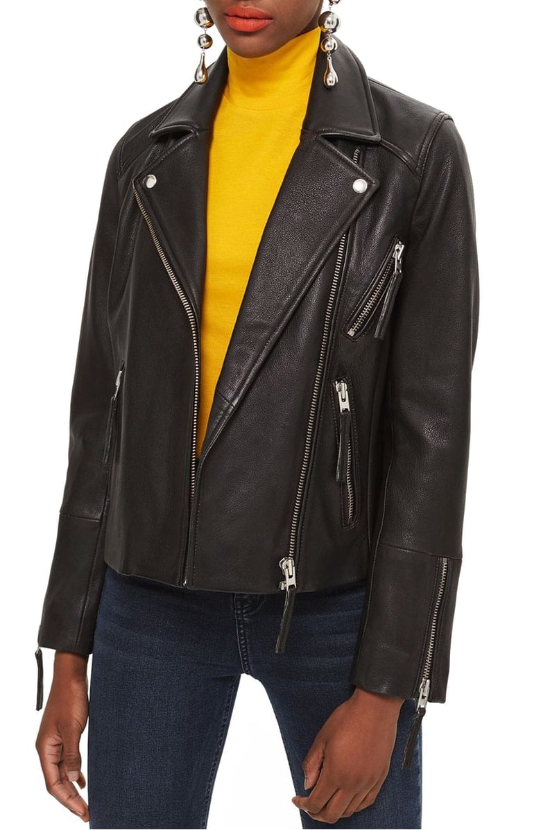 TOPSHOP Dolly Leather Biker Jacket Black Silver nordstrom anniversary sale 2018