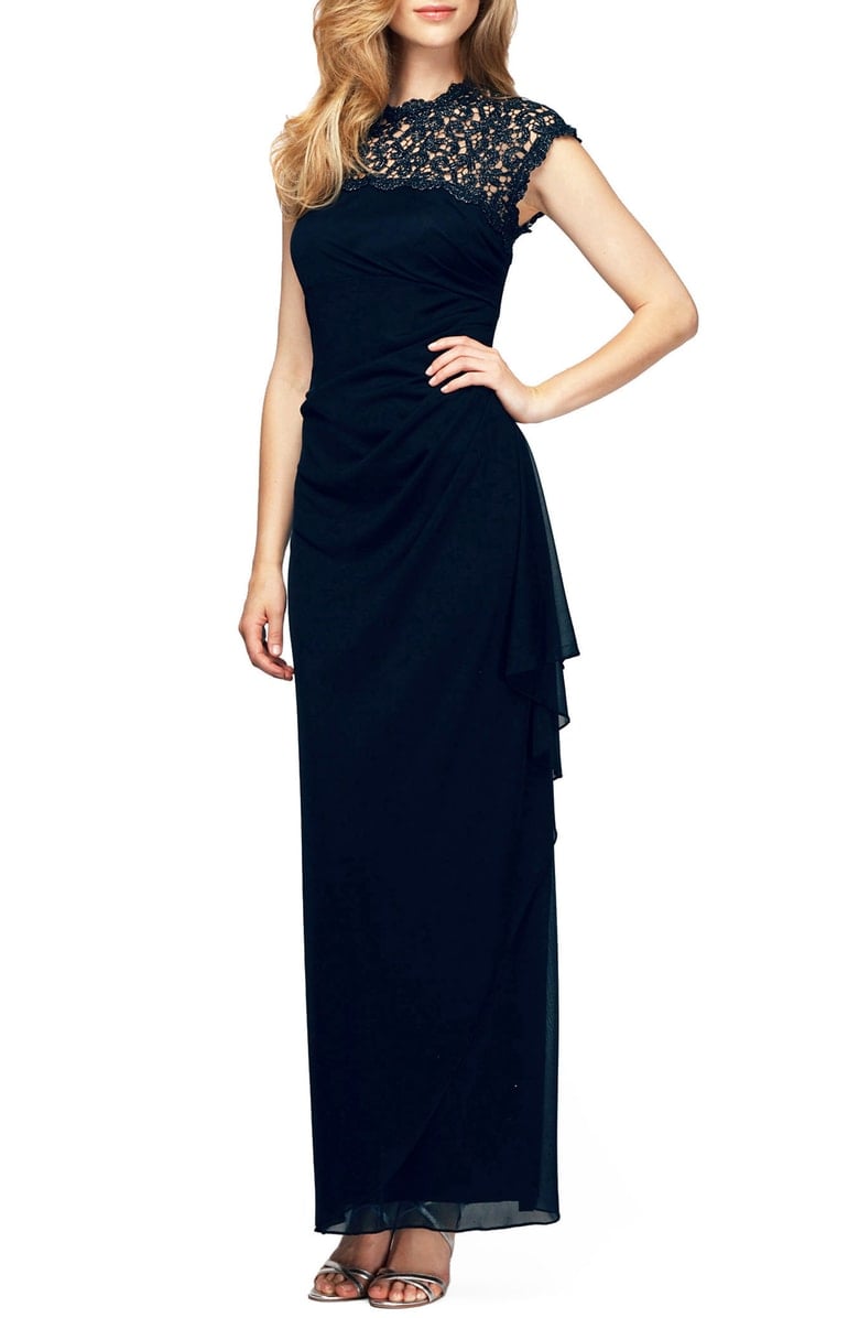 ALEX EVENINGS Illusion Yoke Mesh Gown Navy lace dresses fall wedding guests