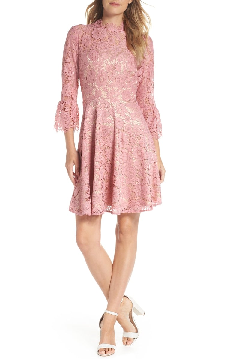 ELIZA J Bell Sleeve Lace Fit & Flare Dress Blush Pink lace dresses fall wedding guests