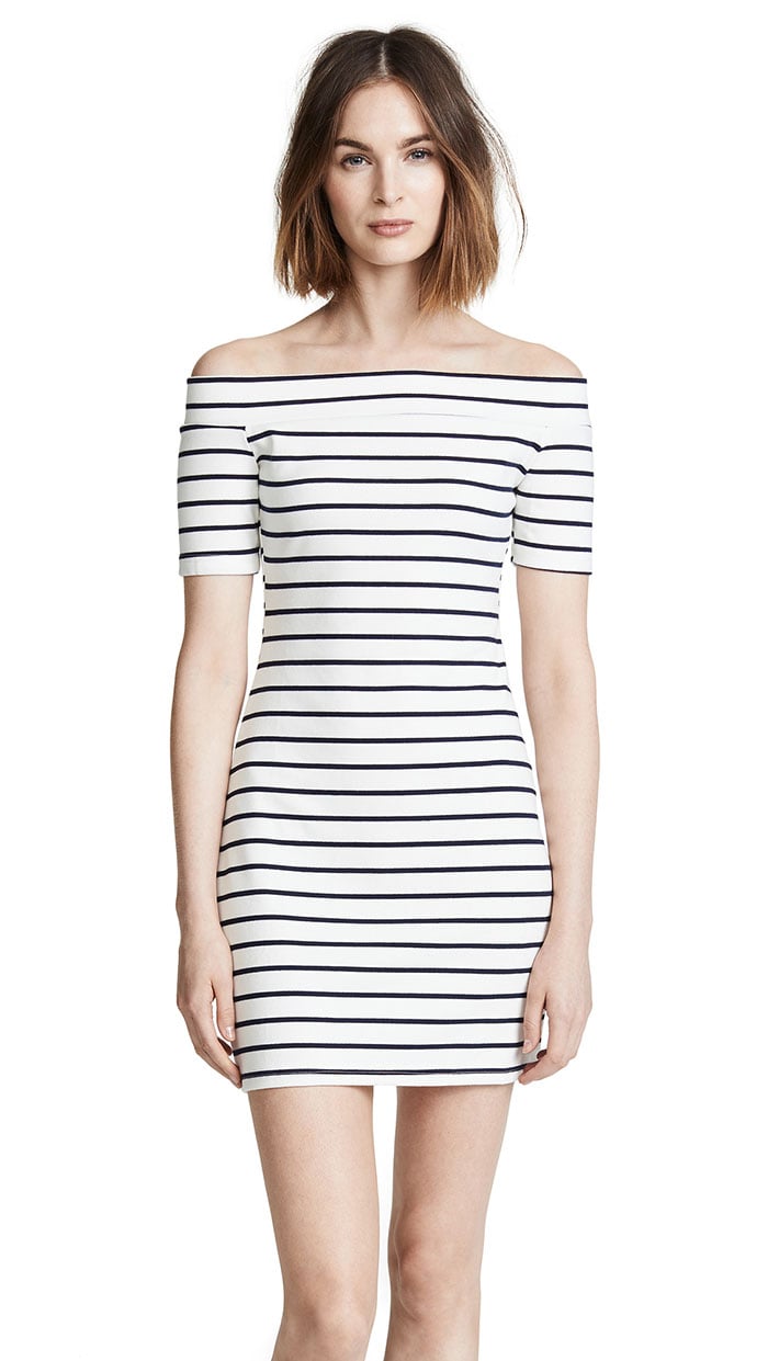 ENGLISH FACTORY Off Shoulder Stripe Dress White fall dresses under 100 dollars