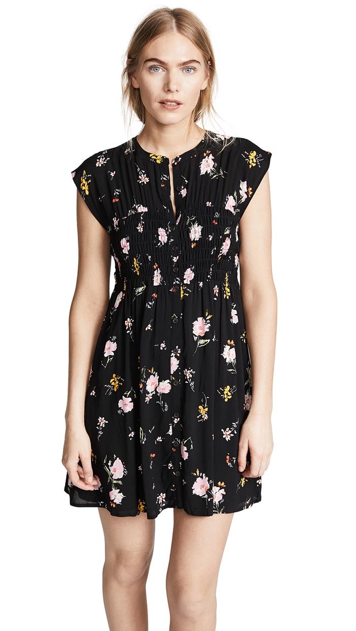 Free People Greatest Day Smocked Mini Dress Black floral print fall dresses under 100 dollars