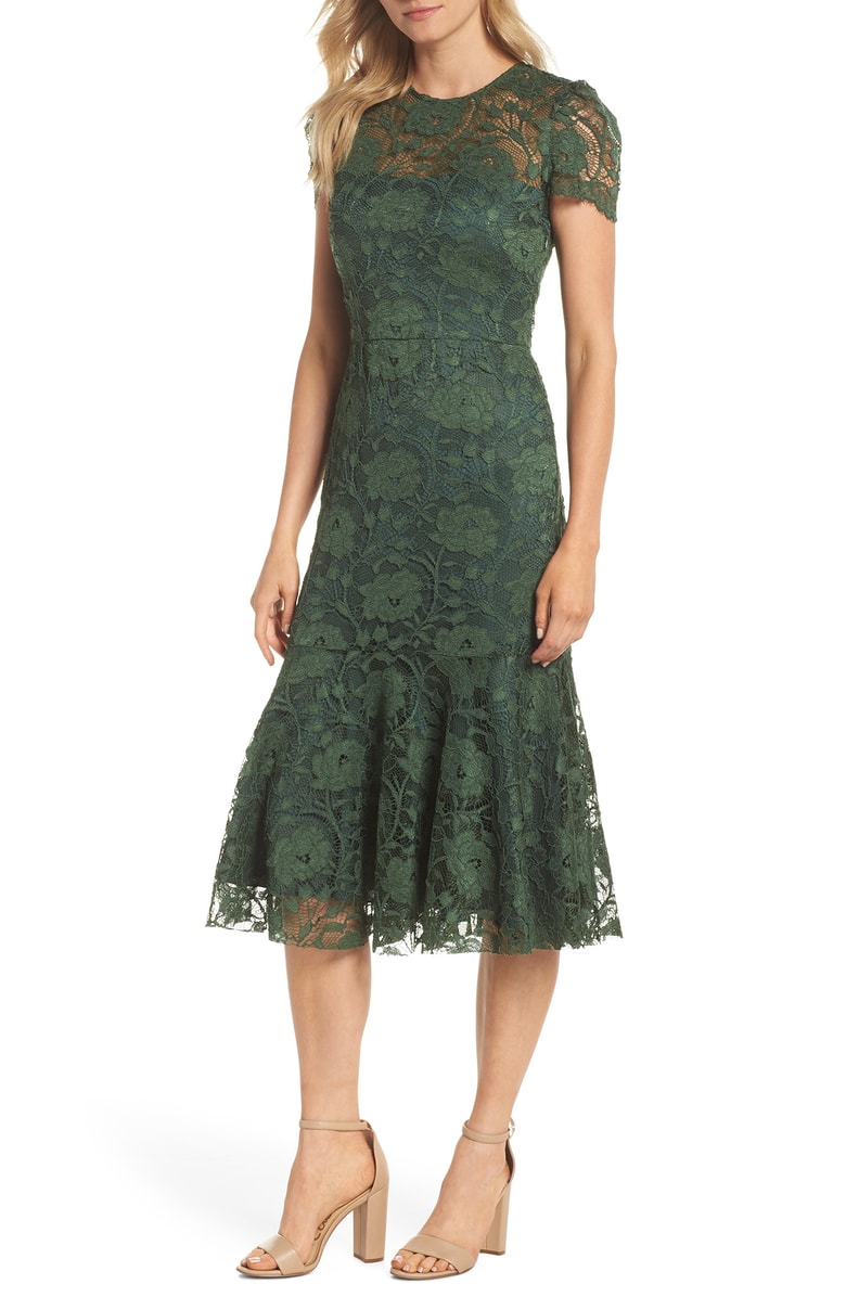 GAL MEETS GLAM COLLECTION Eve Lace Midi Dress Forest Green lace dresses fall wedding guests