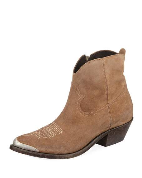 Golden Goose Young Suede Stitched Western Bootie Cuoio western inspired ankle boots 