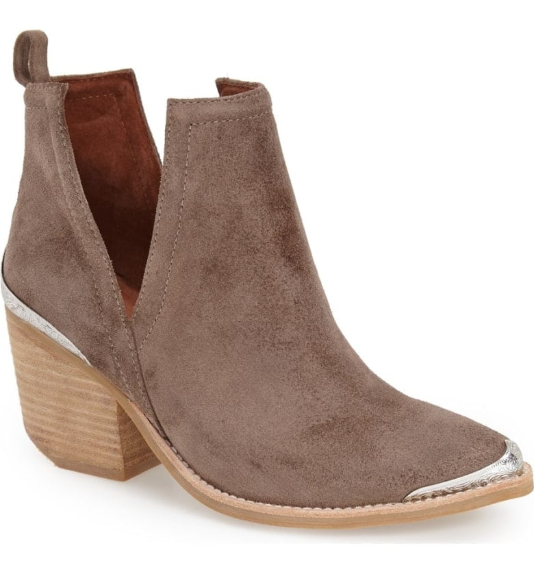 JEFFREY CAMPBELL Cromwell Cutout Western Boot Taupe Distressed Suede western inspired ankle boots 