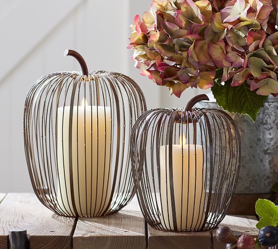 Pottery Barn BEADED WIRE PUMPKIN HURRICANE - WEATHERED METAL pottery barn fall home decor sale
