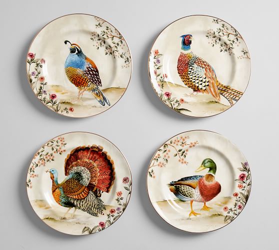 Pottery Barn BOTANICAL HARVEST BIRD SALAD PLATE, SET OF 4 - MIXED pottery barn fall home decor sale