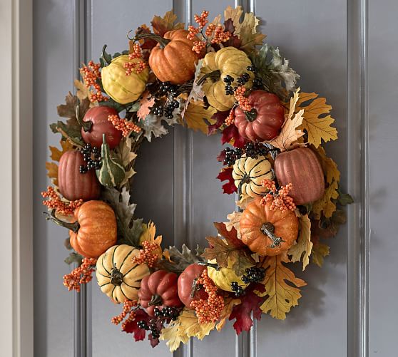Pottery Barn FAUX HARVEST PUMPKIN WREATH pottery barn fall home decor sale 20 percent off