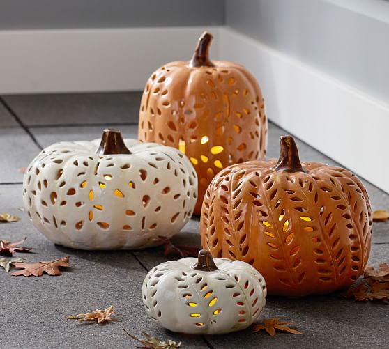 Pottery Barn PUNCHED CERAMIC PUMPKIN CANDLEHOLDERS Orange White pottery barn fall home decor sale 20 percent off