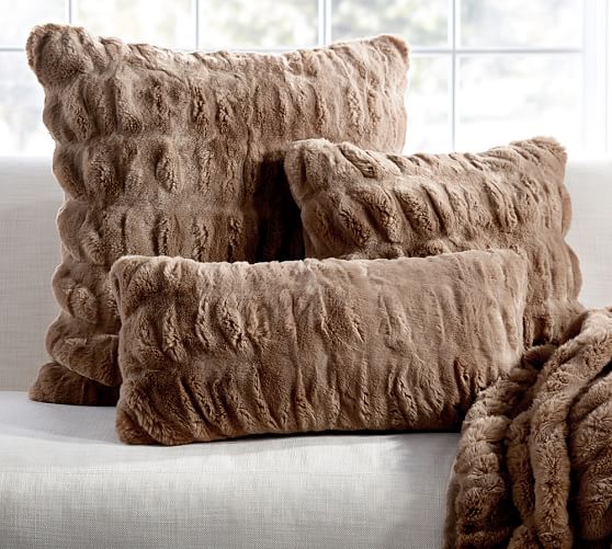 Pottery Barn RUCHED FAUX FUR PILLOW COVER - TAUPE fall throw pillows decor sale