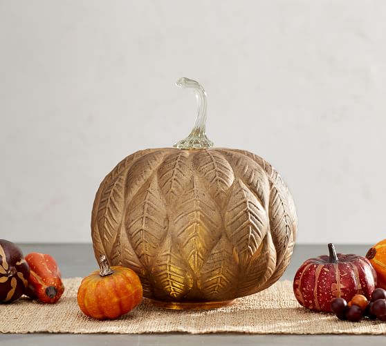 Pottery Barn RUSTIC LEAF GLASS PUMPKIN CANDLEHOLDER Shimmery Gold pottery barn fall home decor sale