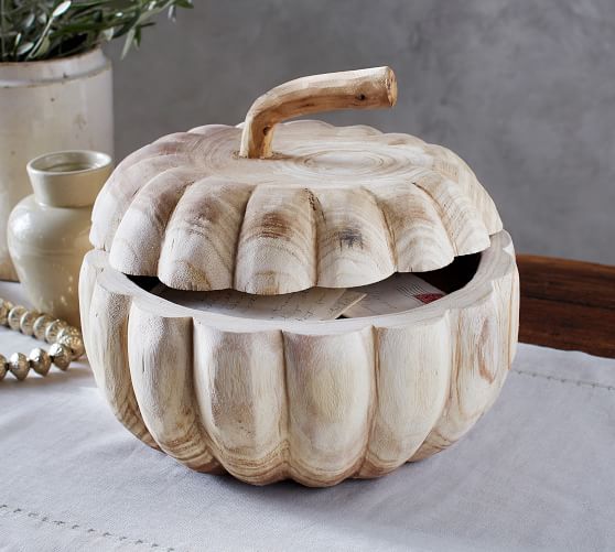 Pottery Barn WOOD BOX PUMPKIN Pawlonia Wood pottery barn fall home decor sale 20 percent off