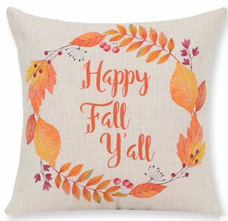 Pumpkin Maple Leaf Wreath Happy Fall Vintage Letters Decorative Cotton Linen Throw Pillow Case 18 X 18 Inches fall throw pillows
