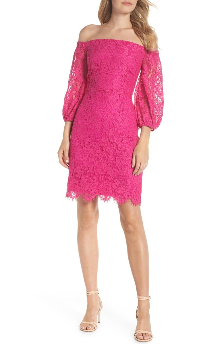 TRINA TRINA TURK Azul Scallop Hem Off the Shoulder Lace Dress Brilliant Fuchsia lace dresses fall wedding guests