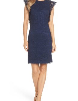 VINCE CAMUTO Lace Ruffle Sleeve Sheath Dress Navy Blue lace dresses fall wedding guests