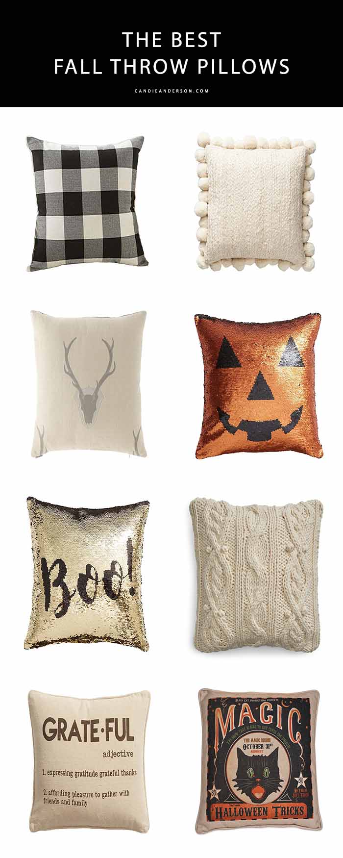 Lifestyle expert and blogger, Candie Anderson of the website Candieanderson.com shares the best fall throw pillows just in time for harvest season, autumn, Halloween and Thanksgiving!