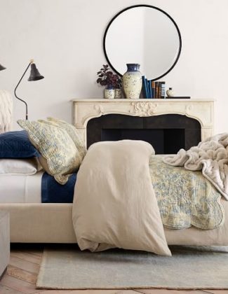pottery barn barret printed rug porcelain blue bedroom upholstered bed sale