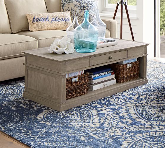 pottery barn shilah synthetic blue white pattern rug living room upholstered sofa gray wash furniture sale