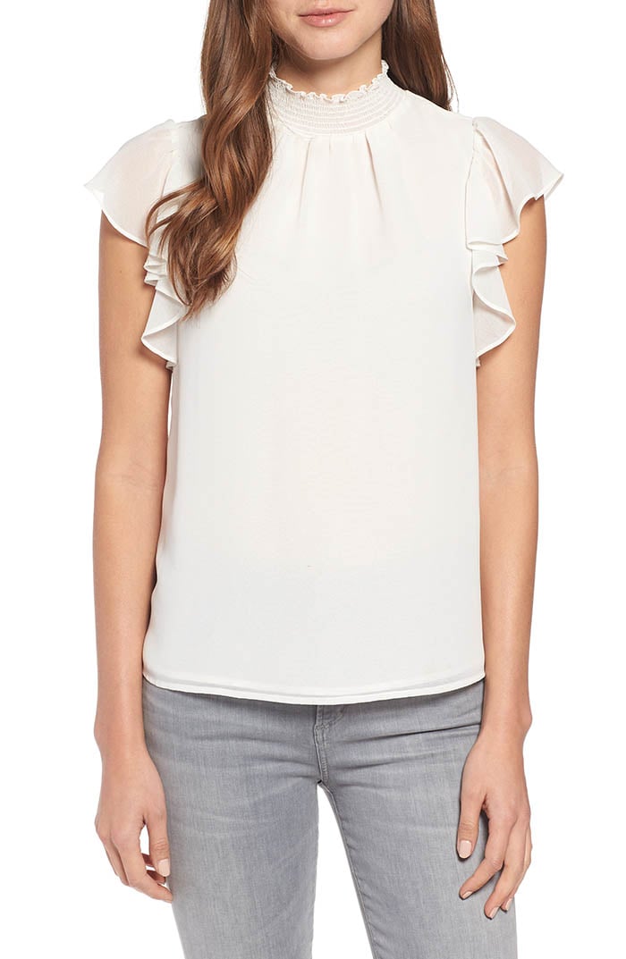 1.STATE Flutter Sleeve Smocked Neck Blouse Soft Ecru blouses for women fall office