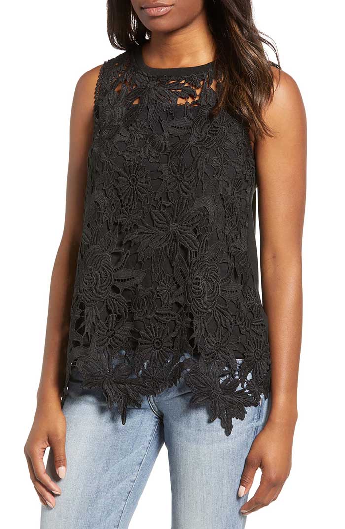 EVERLEIGH Lace Front Sleeveless Top Black trendy tops fall women