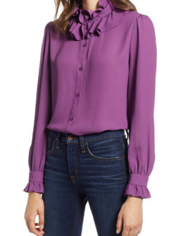 Halogen Ruffle Neck Blouse Purple Sparkle blouses for women office fall