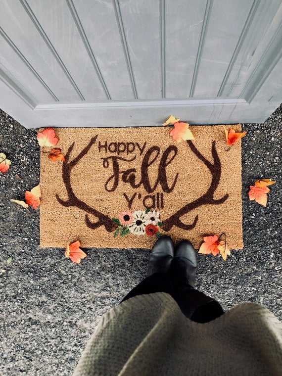 Happy Fall Y’all EndieCo antlers flowers fall door mats doormats