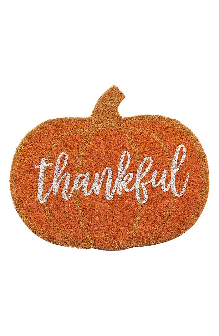 MUD PIE Thankful Coir Doormat Brown Pumpkin Orange White Script fall door mats doormats thanksgiving