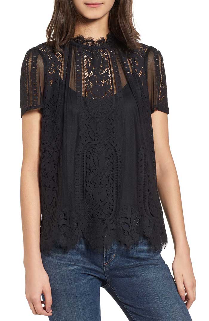 REBECCA MINKOFF Yasmin Sheer Lace Top Black trendy tops fall women 
