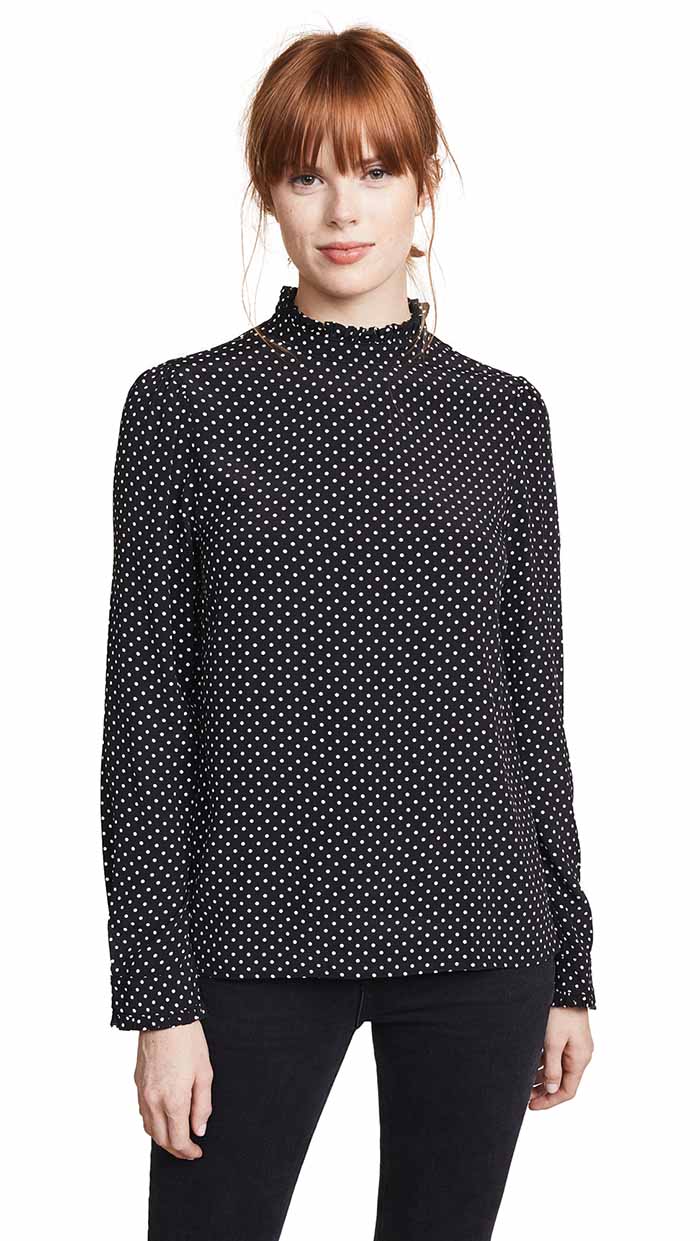 Three Dots Ruffle Mock Neck Blouse Black Cream Polka Dot blouses women office fall 2018 trend