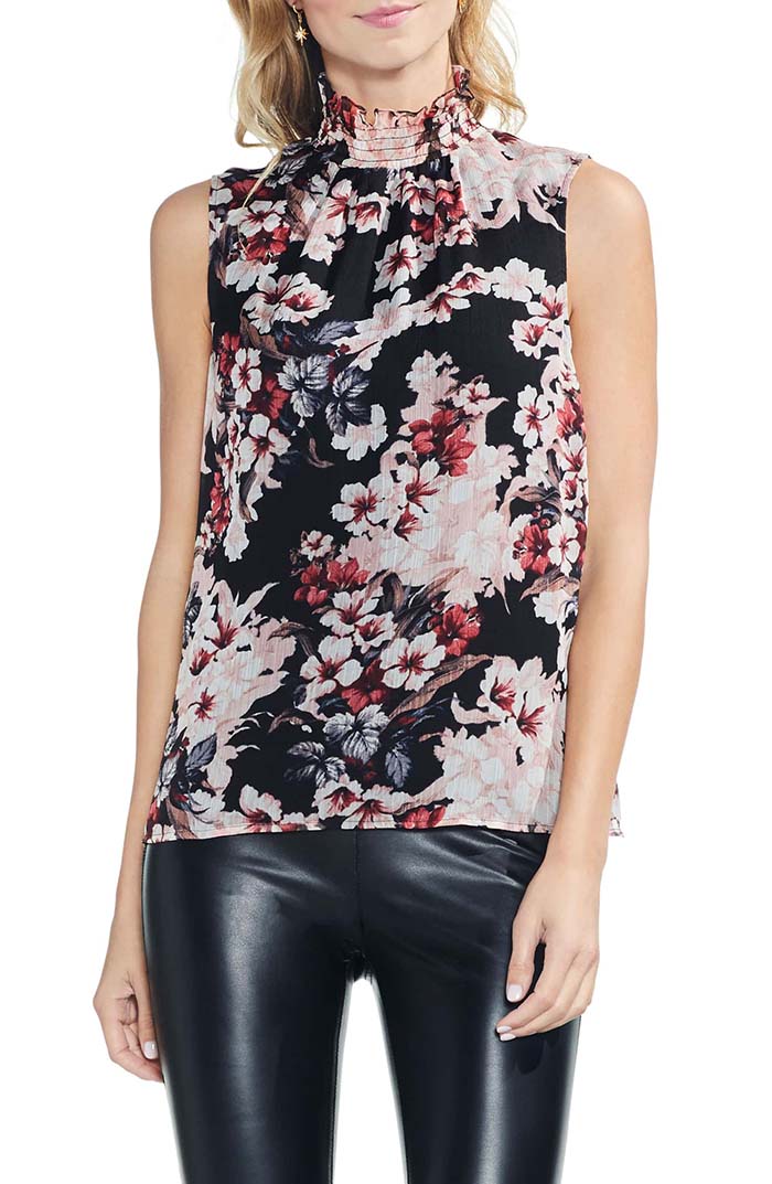 VINCE CAMUTO Blooms Smocked Ruffle Neck Crinkle Blouse Rich Black Floral Print blouses for work office fall