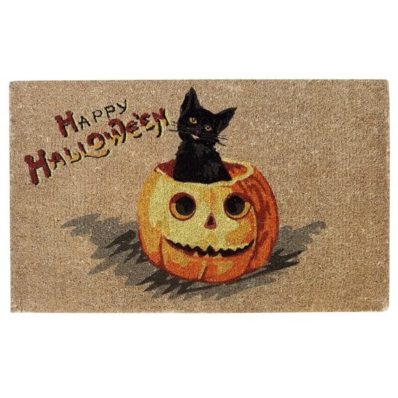 Williams Sonoma Halloween Doormat Jack-o-lantern black cat kitty kitten fall door mats doormats