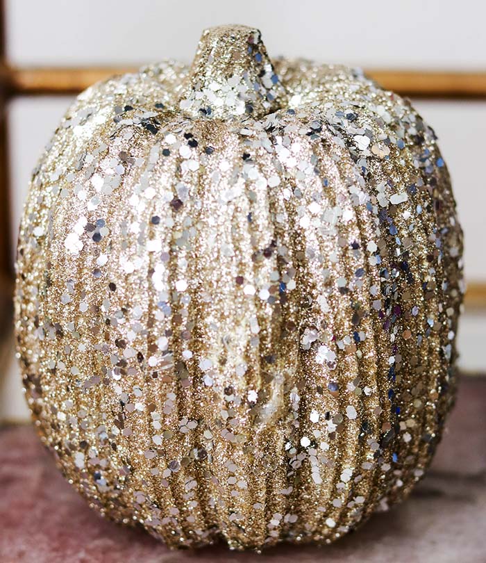 Candie Anderson of Candieanderson.com shares her silver and gold glitter faux pumpkin for fall.