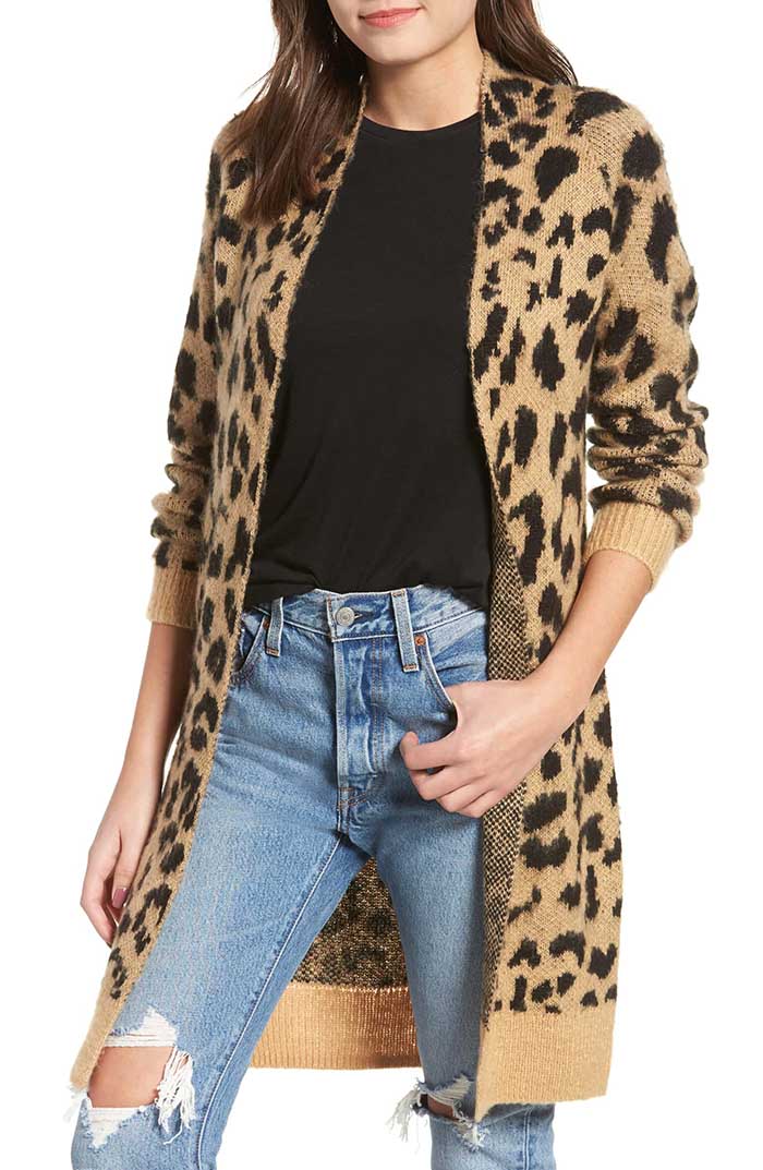 BP. Long Leopard Jacquard Cardigan Beige Nougat Stamped Leopard Print cardigans fall winter women trend