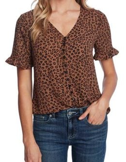 CECE Leopard Cluster V-Neck Blouse Spicewood Brown print tops blouses women