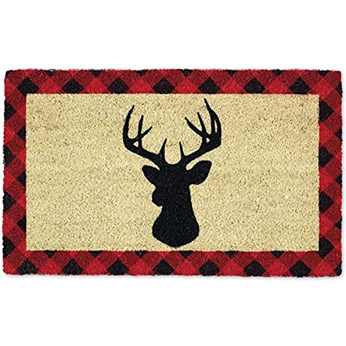 Deer Red Black Buffalo Check Doormat holiday doormats DII Indoor/Outdoor Natural Coir Easy Clean Rubber Back Entry Way Doormat For Patio, Front Door, All Weather Exterior Doors, 18 x 30" - Holiday Stag 
