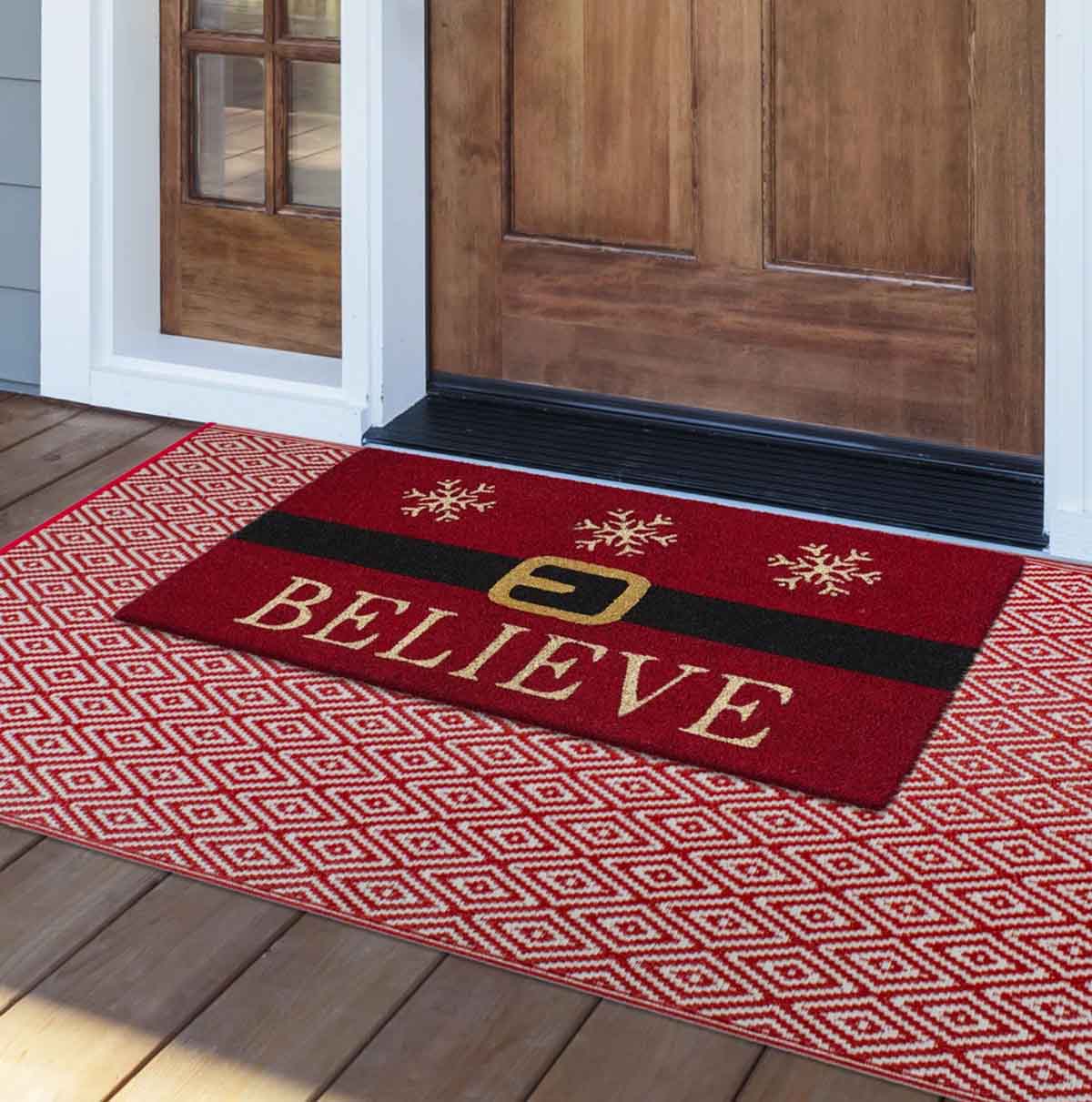 The Holiday Aisle Taravello Non-Slip Christmas Outdoor Doormat Believe Santa Belt best holiday doormats