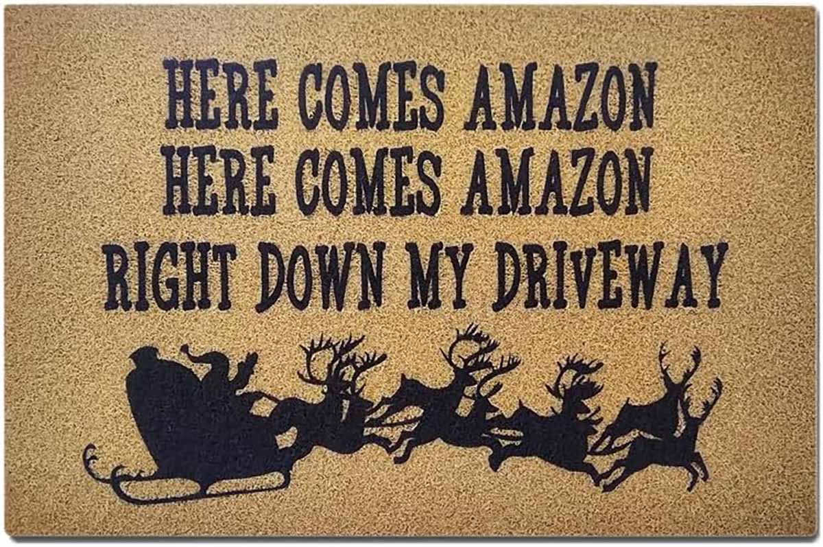 Warm+ Here Comes Amazon Doormat best holiday doormats christmas sleigh santa reindeer